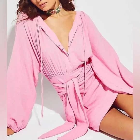 Free People Free-est The Only One Mini Dress Solid Pink Ruched Cotton Sz XS - Picture 1 of 8